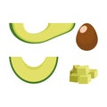 A set of chopped avocado. Avocado cut lengthwise, crosswise and into cubes. An avocado pit.