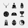 Set Christian cross on chain, Buddhist monk, Jainism or Jain Dharma, Stage stand tribune, Easter egg, Yin Yang, Moon and Royalty Free Stock Photo