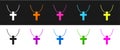 Set Christian cross on chain icon isolated on black and white background. Church cross. Vector Royalty Free Stock Photo