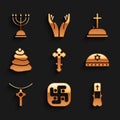 Set Christian cross, Jainism, Priest, Jewish kippah with star of david, on chain, Stack hot stones, Tombstone and