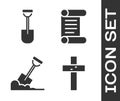 Set Christian cross, Shovel, Shovel in the ground and Decree, parchment, scroll icon. Vector Royalty Free Stock Photo