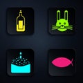 Set Christian fish, Bottle of wine, Easter cake and candle and Easter rabbit. Black square button. Vector Royalty Free Stock Photo