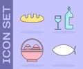 Set Christian fish, Bread loaf, Basket with easter eggs and Wine bottle with glass icon. Vector Royalty Free Stock Photo