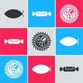 Set Christian fish, Candy and Easter egg in a wicker nest icon. Vector