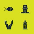 Set Christian fish, Church pastor preaching, Hands praying position and Man with third eye icon. Vector Royalty Free Stock Photo