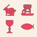 Set Christian fish, Easter rabbit, Easter cake and eggs and Wine glass icon. Vector