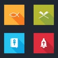 Set Christian fish, Holy book of Koran, Cross ankh and Church bell icon. Vector