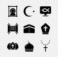 Set Christian icon, Star and crescent, fish, Easter egg, Muslim Mosque, cross chain, Decree, paper, parchment, scroll