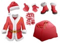 Set of Christmas accessories Santa Claus. Fur coat, hat, boots, mittens, striped scarf and bag with gifts