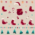 A set of Christmas attributes. For background, postcards, holiday cover. Christmas trees and toys, socks and sweets.