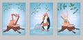 Set of 3 Christmas backgrounds with winter animals playing musical instruments in nature. Winter fun hand-painted illustrations