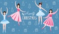 Set of christmas ballerinas on dark blue background with eve and presents, colourful cartoon dancers in different poses