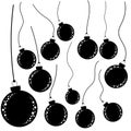 Set of Christmas balls falling down on the ropes. Flat black isolated silhouettes Royalty Free Stock Photo