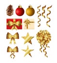 set of christmas balls, gift box, stars, bows and pines Royalty Free Stock Photo