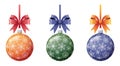 Set of Christmas balls with ribbon and bow isolated on a white background. Christmas toys with snowflake patterns.Vector Royalty Free Stock Photo