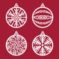 Set of christmas balls. Templates for laser cutting, plotter cutting, wood carving or printing. New Year`s decoration.