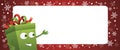 Christmas banner with a cute smily present on the red background with snowflakes.