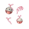 A set of Christmas bells with bows on a white background. Watercolor illustration of new jewelry. Christmas tree toys. Xmas. Royalty Free Stock Photo