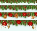 Set Christmas border decorations with fir branches, holly berries, poinsettia, gingerbread cookies man and golden ribbons. Design Royalty Free Stock Photo