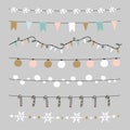 Set of Christmas borders, strings, garlands, brushes. Praty decoration with Christmas balls, baubles, lights, flags. .