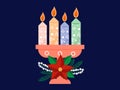 Set of Christmas candles with berries and holly leaves on candlesticks and stands. Set of Christmas light decorations Royalty Free Stock Photo