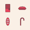 Set Christmas candy cane, Chocolate bar, Homemade pie and Bread loaf icon. Vector Royalty Free Stock Photo