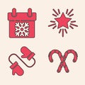 Set Christmas candy cane with stripes, Calendar, Christmas star and Pair of knitted christmas mittens icon. Vector Royalty Free Stock Photo