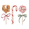 Set of 3 Christmas candy canes and lollipops with ribbon bow. Watercolor illustration isolated on white background Royalty Free Stock Photo