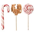 Set of 3 Christmas candy canes and lollipops. Watercolor illustration isolated on white background Royalty Free Stock Photo