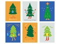 Set of Christmas cards with funny cartoon Christmas trees Royalty Free Stock Photo