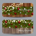 Set Of Christmas Cards. Green Branches Of Fir Tree With Decor Over Wooden Rustic Background, Winter Holiday Design Concept