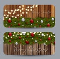 Set Of Christmas Cards. Green Branches Of Fir Tree With Decor Over Wooden Rustic Background,