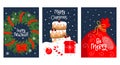 Set of Christmas cards with lettering. decorated with Christmas tree wreath, toys, cake, sweets, gifts and snowflakes Royalty Free Stock Photo