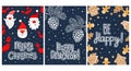 A set of Christmas cards with lettering, decorated with Santa Claus, gingerbread houses, cones and snowflakes. Royalty Free Stock Photo