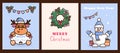 Set of Christmas cards. New year background. Festive posters with linear Doodle characters. Cute reindeer in santa hat with