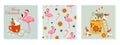 Set of christmas cards and a pattern. Vector seamless texture with flamingo, orange, cinnamon and sweets. Card of cute gnomes maki