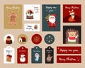 set of Christmas cards stickers and tags. Featuring cartoon characters, Santa, snow maiden, snowman, bear, deer. The
