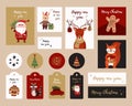 set of Christmas cards stickers and tags. Featuring cartoon characters, Santa, snow maiden, snowman, bear, deer. The