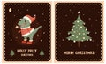 Funny Christmas Cards with Dinosaur as a Santa Claus and Christmas Tree.