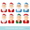 Set of christmas cartoon character santa, dwarf, gnome, wizard, magician, elf, stargazer.User icons in flat style isolated