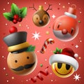 Set of Christmas Character Design. Cartoon avatars Santa Claus, nutcracker, elf, reindeer, candy stick, holy berry Royalty Free Stock Photo