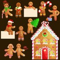 Set christmas cookies gingerbread man and girl near sweet house decorated with icing dancing and having fun in a cap Royalty Free Stock Photo