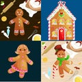 Set christmas cookies gingerbread man and girl near sweet house decorated with icing dancing and having fun in a cap Royalty Free Stock Photo