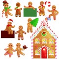 Set christmas cookies gingerbread man and girl near sweet house decorated with icing dancing and having fun in a cap Royalty Free Stock Photo