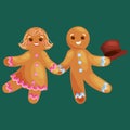 Set christmas cookies gingerbread man and girl near sweet house decorated with icing dancing and having fun in a cap Royalty Free Stock Photo