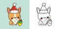 Set Christmas Corgi Dog Multicolored and Black and White. Kawaii Clip Art Christmas Dog.