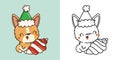 Set Christmas Corgi Dog Multicolored and Black and White. Kawaii Clip Art Christmas Dog.