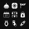 Set Christmas covered with tray, Snowflake, Festive mask, wreath, stocking, Candy, Calendar and lights icon. Vector Royalty Free Stock Photo