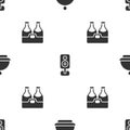 Set Christmas covered with tray, Stereo speaker and Champagne bottle on seamless pattern. Vector