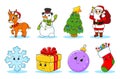 Set of christmas cute cartoon characters. Deer, snowman, tree, santa claus, snowflake, gift, bauble, sock. Happy New Year. Winter Royalty Free Stock Photo